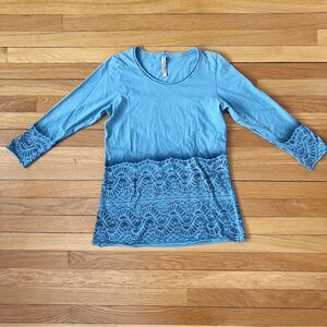 Cynthia Ashby Blue Boho Coastal Grandma Cotton Printed Long Sleeve Top Small